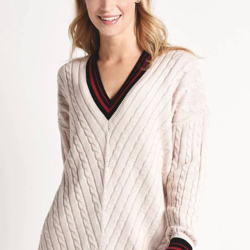 Joie V-Neck Cable Knit Sweater - Cream with Black and Red Accents